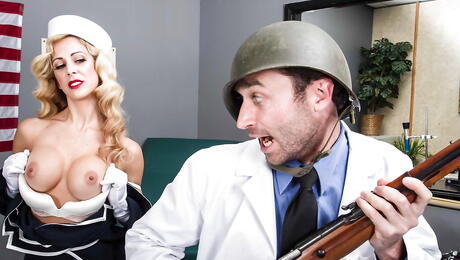 Tempting american panther Cherie Deville in uniform banged in her cute pussy after hot cock suck 