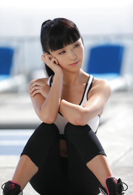 Slender oriental milf Marica Hase in undies denudes tiny tits and sexy butt at pool